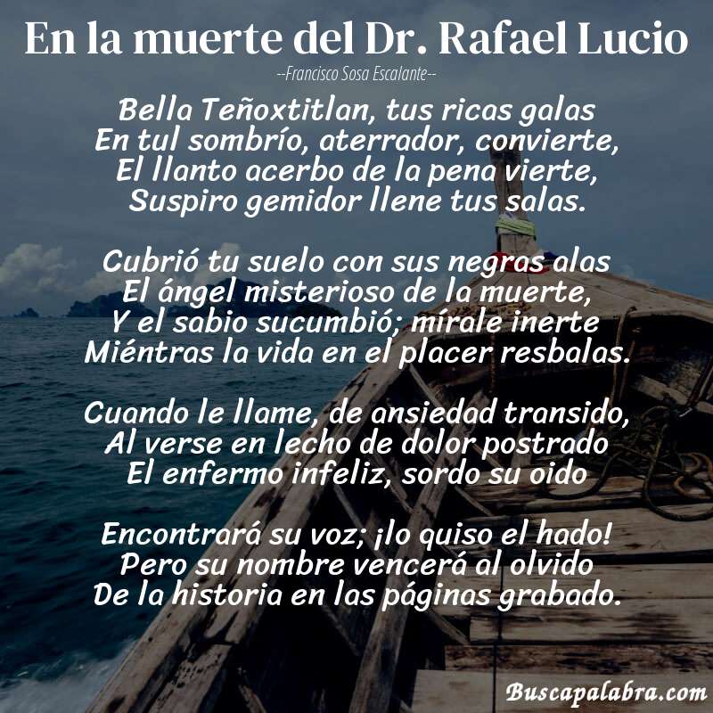 Poema En la muerte del Dr. Rafael Lucio de Francisco Sosa Escalante con fondo de barca