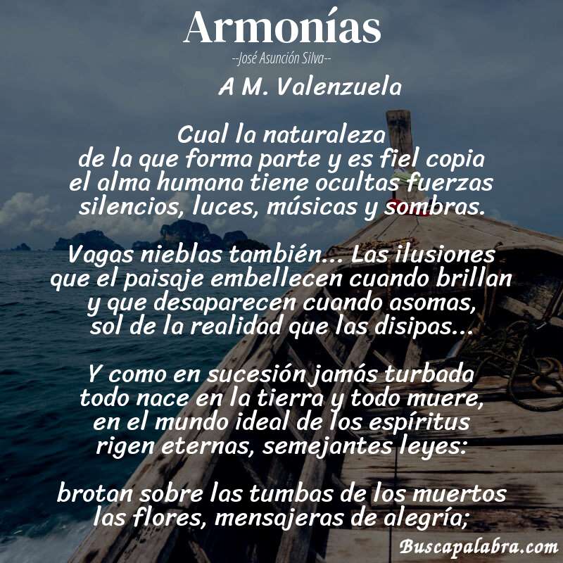 Poema Armonías de José Asunción Silva con fondo de barca