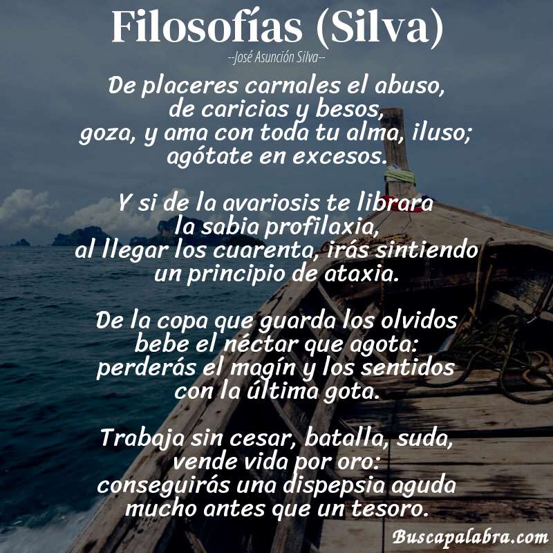 Poema Filosofías (Silva) de José Asunción Silva con fondo de barca