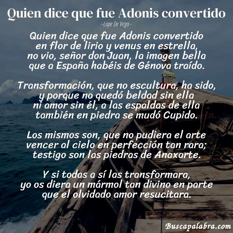 Poema Quien dice que fue Adonis convertido de Lope de Vega con fondo de barca