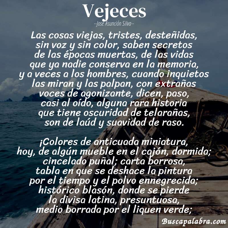 Poema Vejeces de José Asunción Silva con fondo de barca