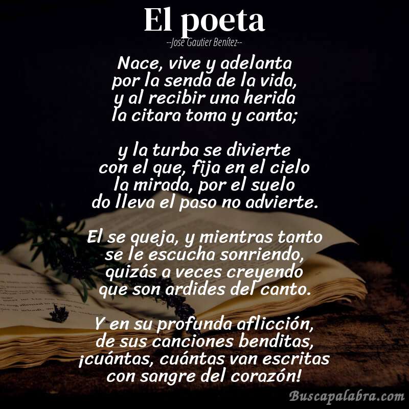 Poema el poeta de José Gautier Benítez con fondo de libro