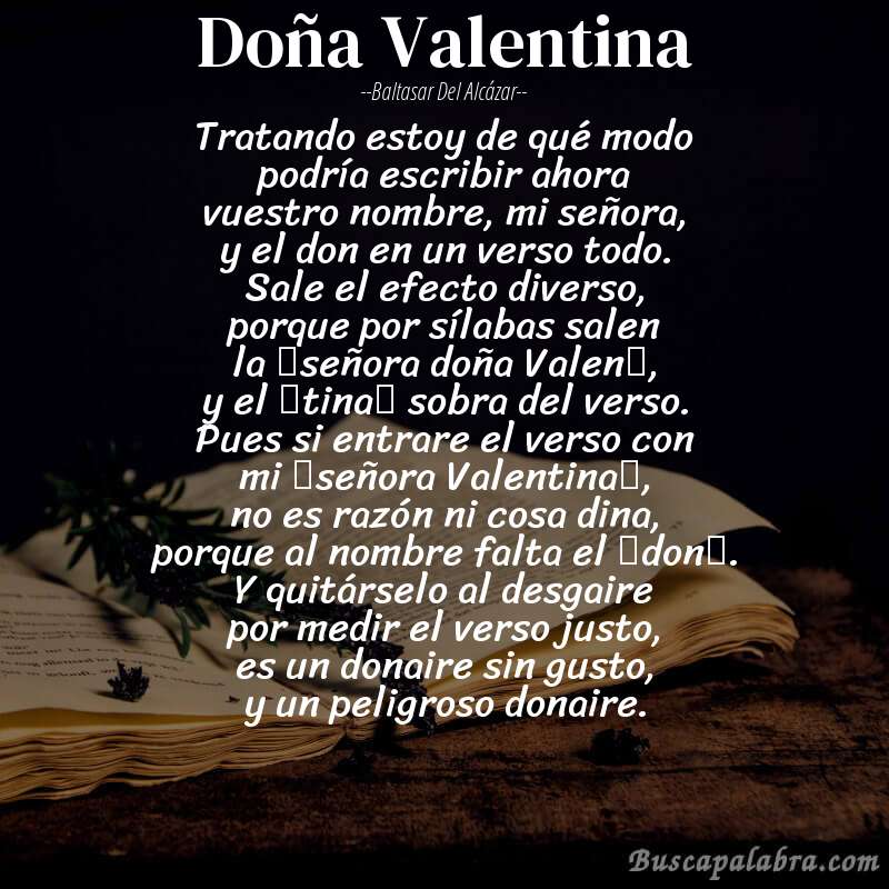 Poema Doña Valentina de Baltasar del Alcázar con fondo de libro