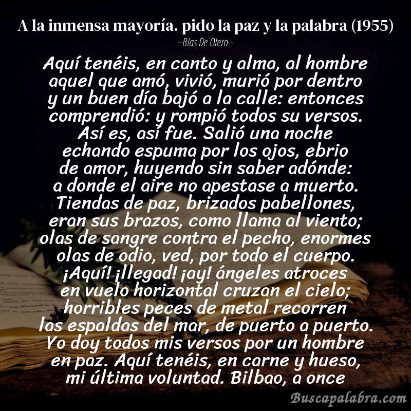 Poema a la inmensa mayoría. pido la paz y la palabra (1955) de Blas de Otero con fondo de libro