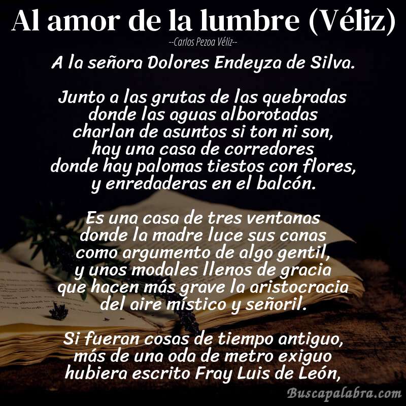 Poema Al amor de la lumbre (Véliz) de Carlos Pezoa Véliz con fondo de libro