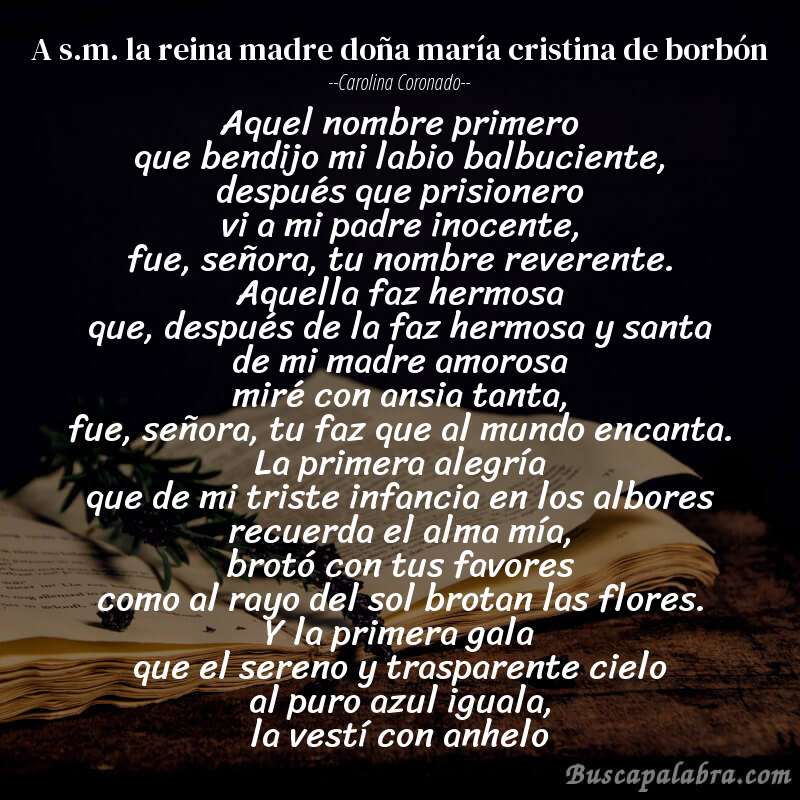 Poema a s.m. la reina madre doña maría cristina de borbón de Carolina Coronado con fondo de libro