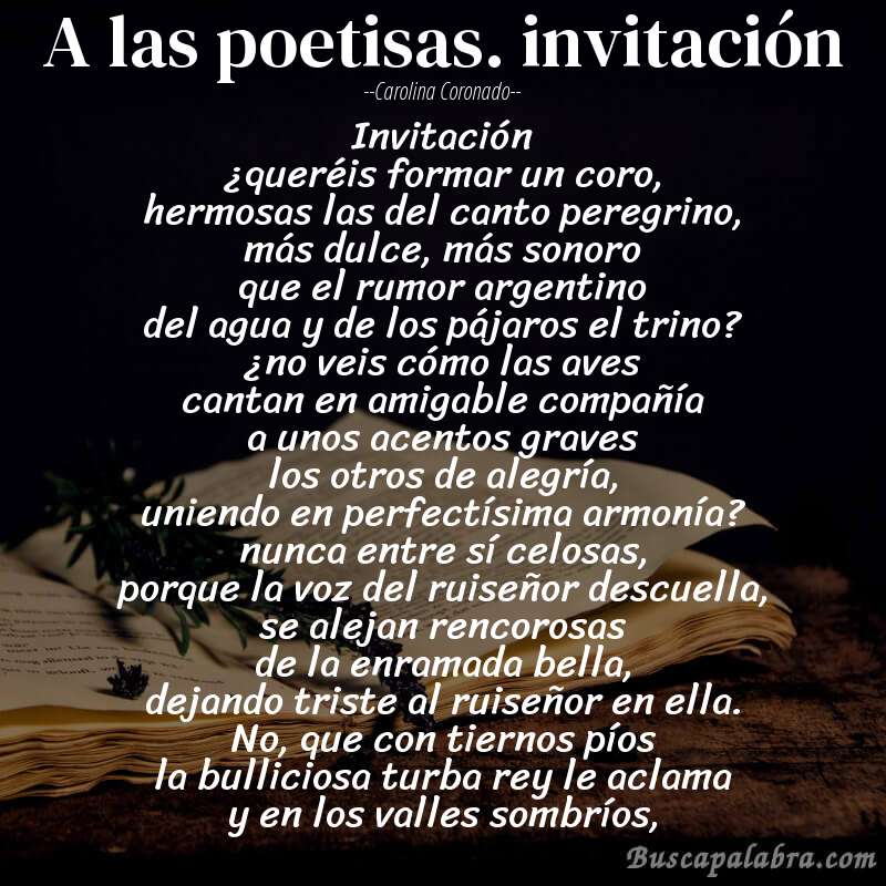 Poema a las poetisas. invitación de Carolina Coronado con fondo de libro