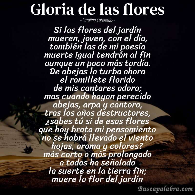 Poema gloria de las flores de Carolina Coronado con fondo de libro