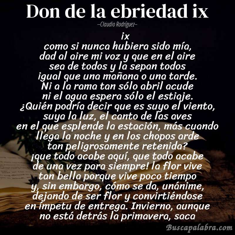 Poema don de la ebriedad ix de Claudio Rodríguez con fondo de libro