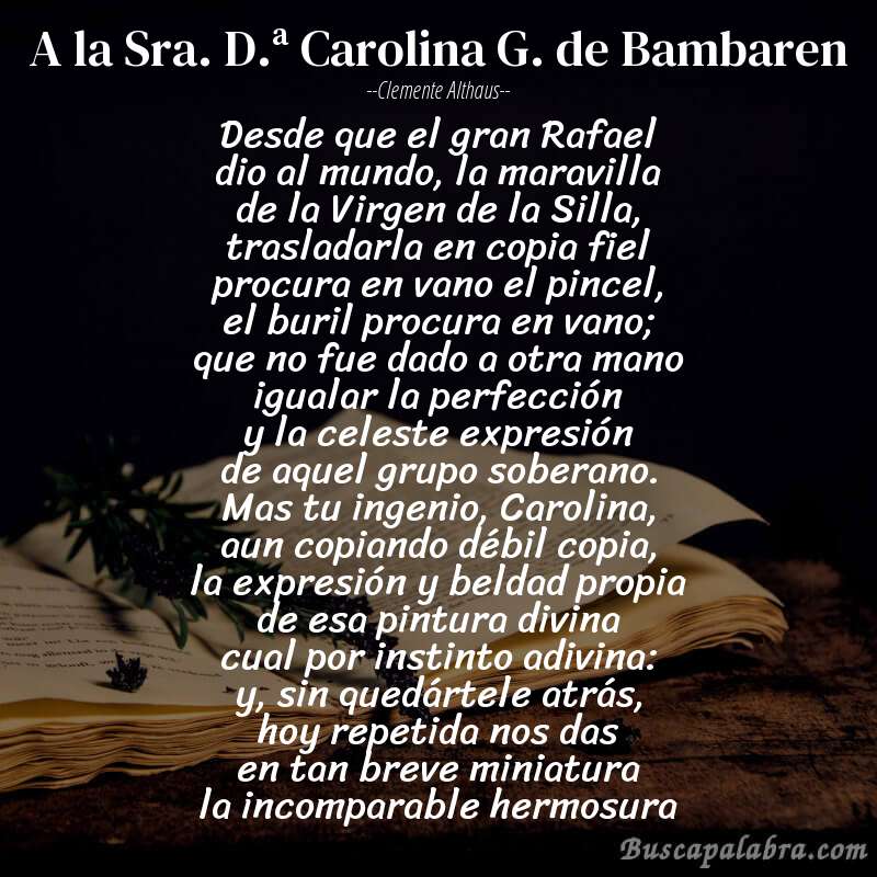 Poema A la Sra. D.ª Carolina G. de Bambaren de Clemente Althaus con fondo de libro