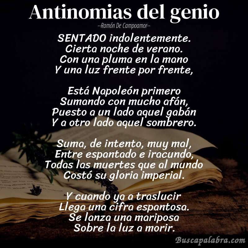 Poema Antinomias del genio de Ramón de Campoamor con fondo de libro