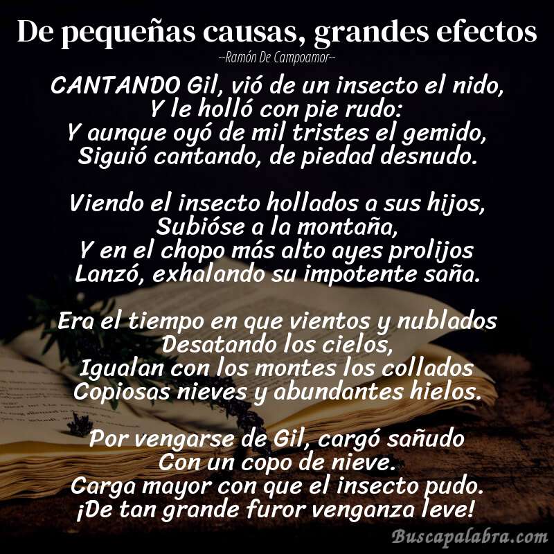 Poema De pequeñas causas, grandes efectos de Ramón de Campoamor con fondo de libro