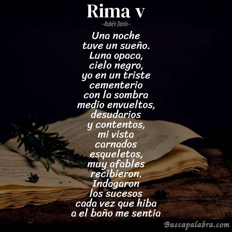 Poema rima v de Rubén Darío con fondo de libro