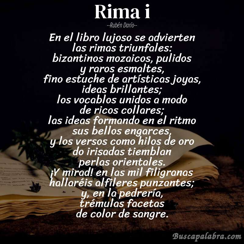 Poema rima i de Rubén Darío con fondo de libro