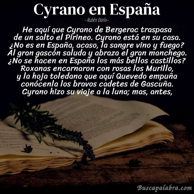 Poema Cyrano en España de Rubén Darío con fondo de libro