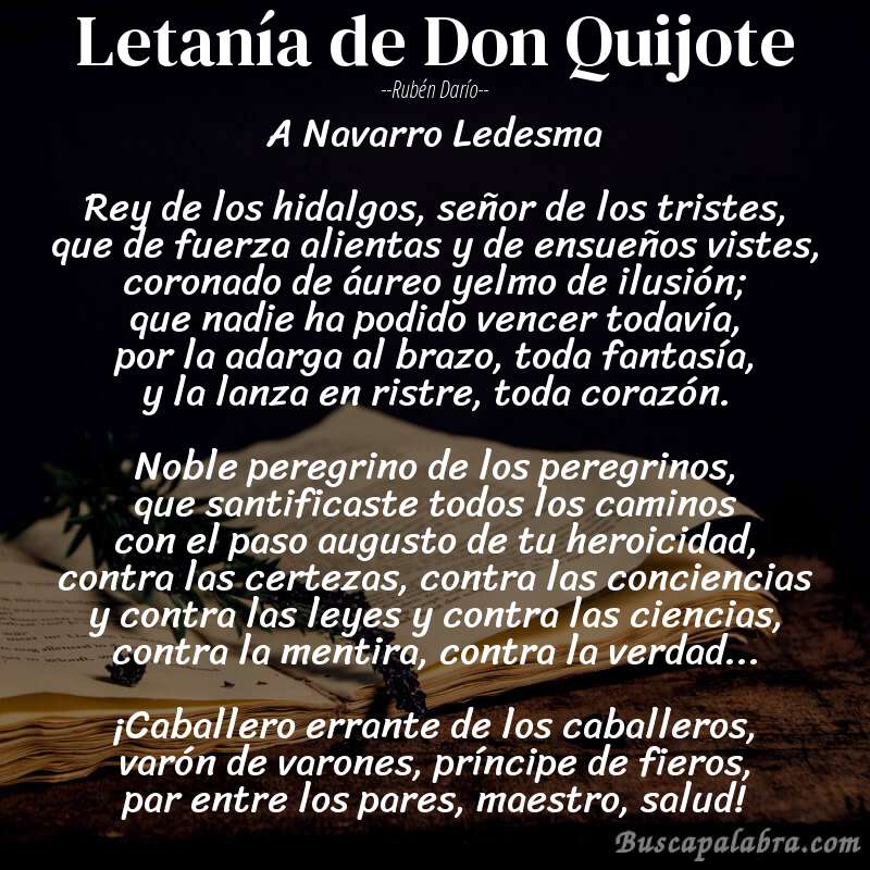 Poema Letanía de Don Quijote de Rubén Darío con fondo de libro