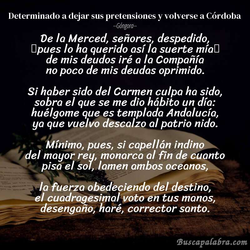 Poema Determinado a dejar sus pretensiones y volverse a Córdoba de Góngora con fondo de libro