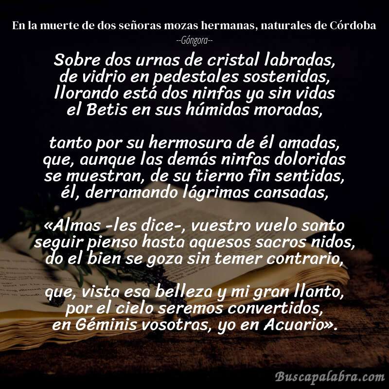 Poema En la muerte de dos señoras mozas hermanas, naturales de Córdoba de Góngora con fondo de libro