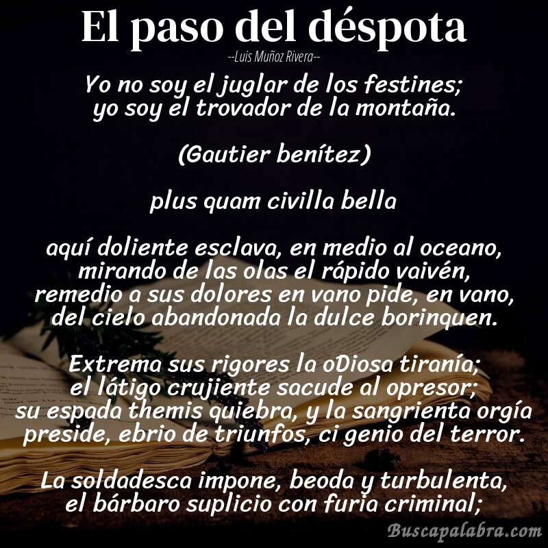 Poema el paso del déspota de Luis Muñoz Rivera con fondo de libro