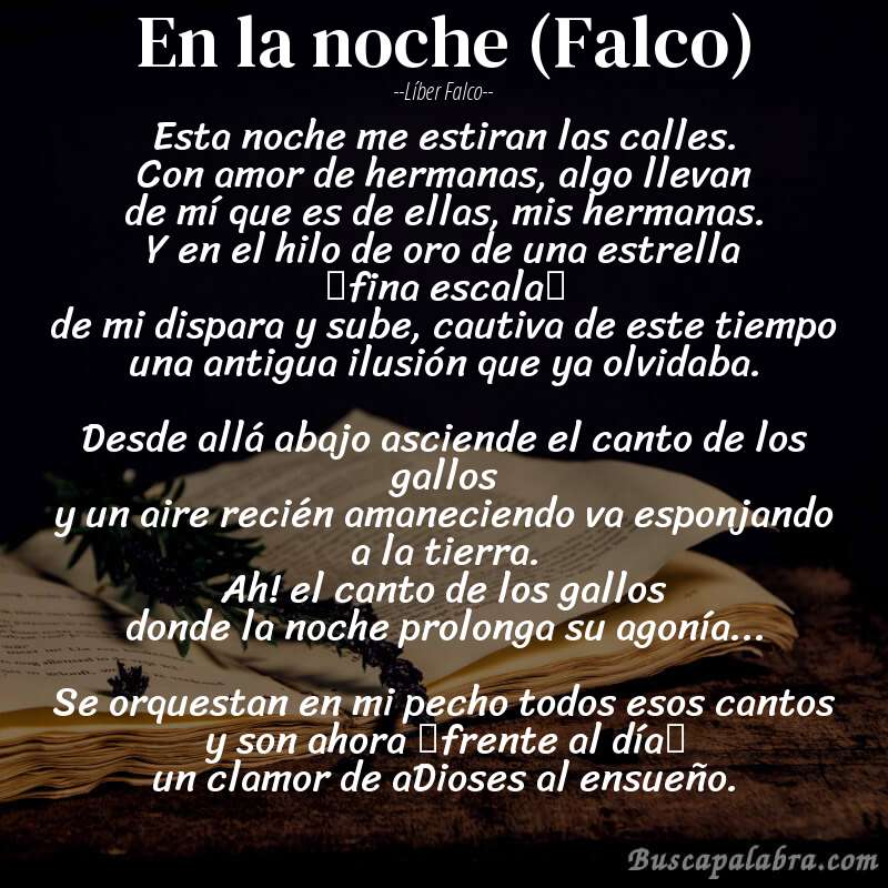 Poema En la noche (Falco) de Líber Falco con fondo de libro