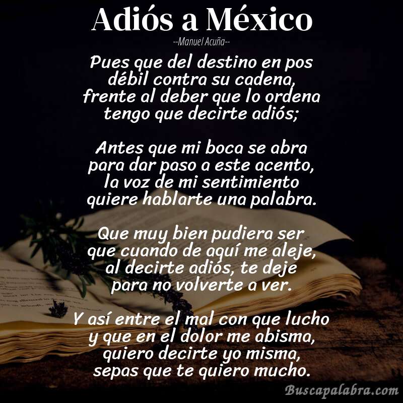 Poema Adiós a México de Manuel Acuña con fondo de libro