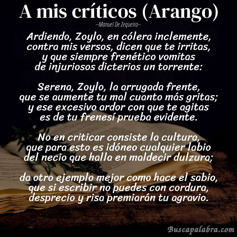 Poema A mis críticos (Arango) de Manuel de Zequeira con fondo de libro
