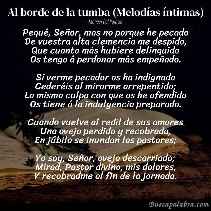 Poema Al borde de la tumba (Melodías íntimas) de Manuel del Palacio con fondo de libro
