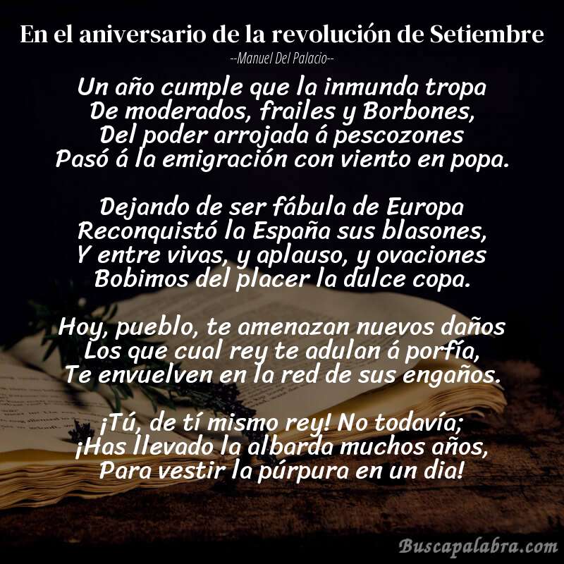 Poema En el aniversario de la revolución de Setiembre de Manuel del Palacio con fondo de libro