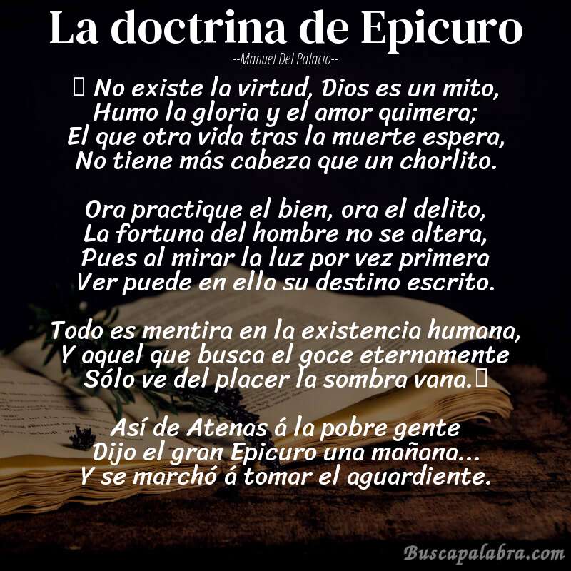 Poema La doctrina de Epicuro de Manuel del Palacio con fondo de libro