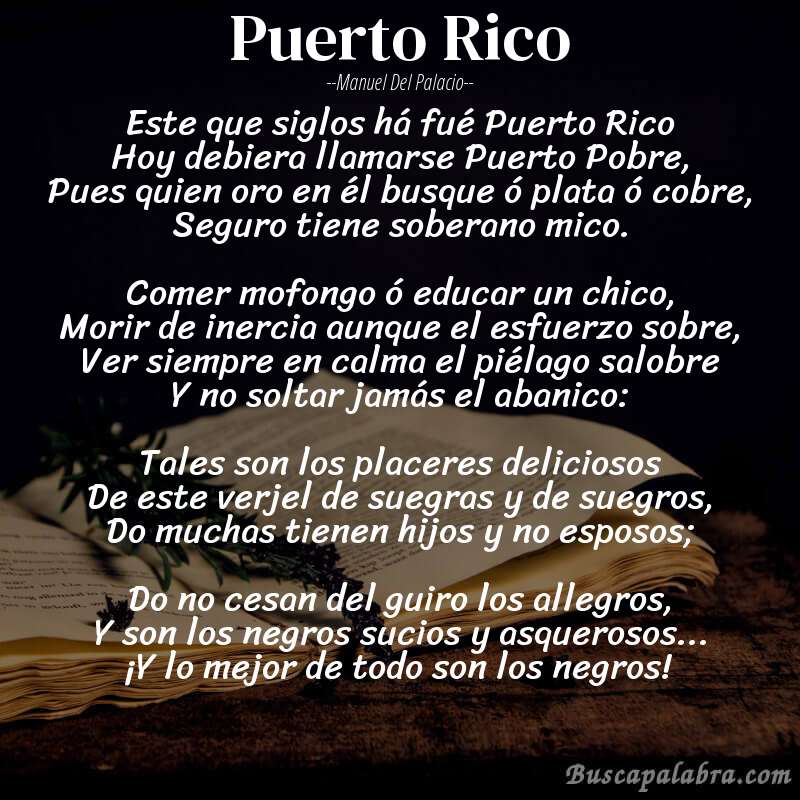 Poema Puerto Rico de Manuel del Palacio con fondo de libro