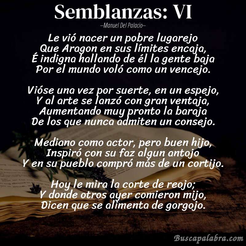 Poema Semblanzas: VI de Manuel del Palacio con fondo de libro