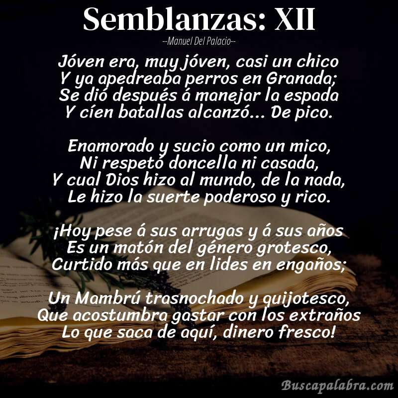 Poema Semblanzas: XII de Manuel del Palacio con fondo de libro