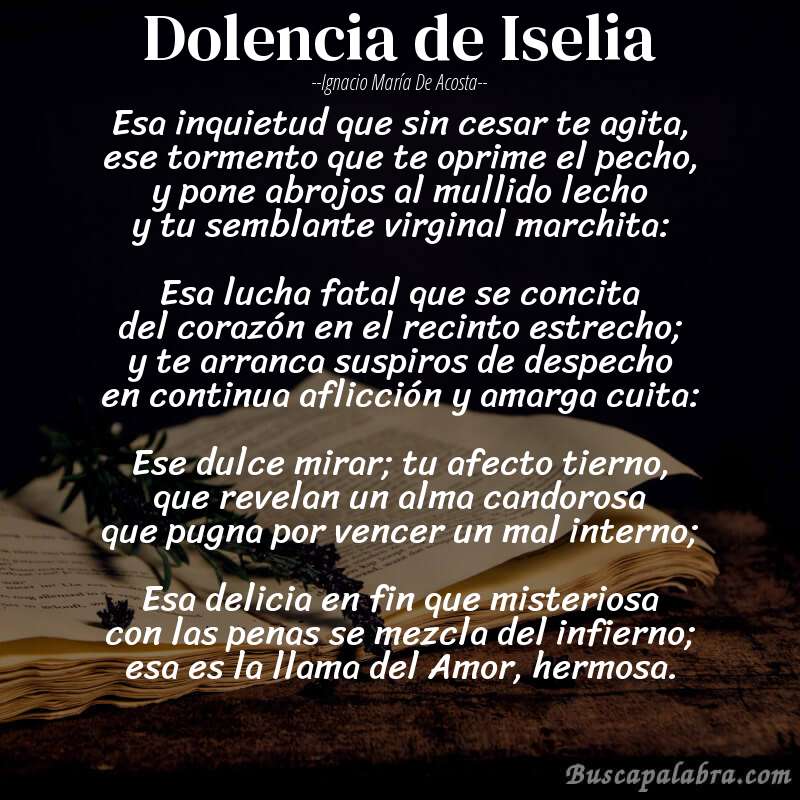 Poema Dolencia de Iselia de Ignacio María de Acosta con fondo de libro