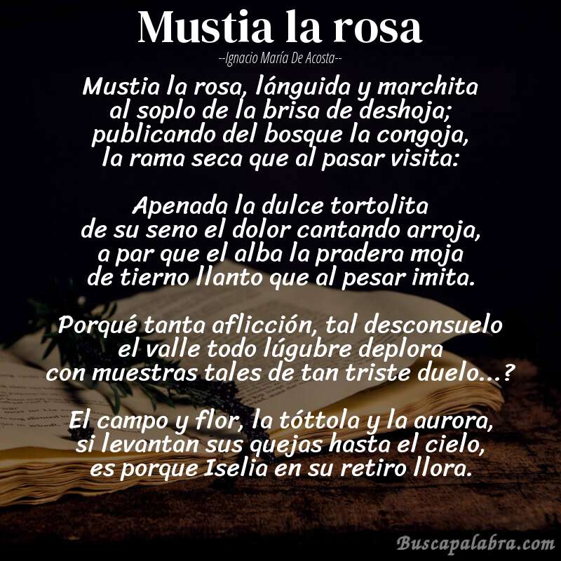 Poema Mustia la rosa de Ignacio María de Acosta con fondo de libro