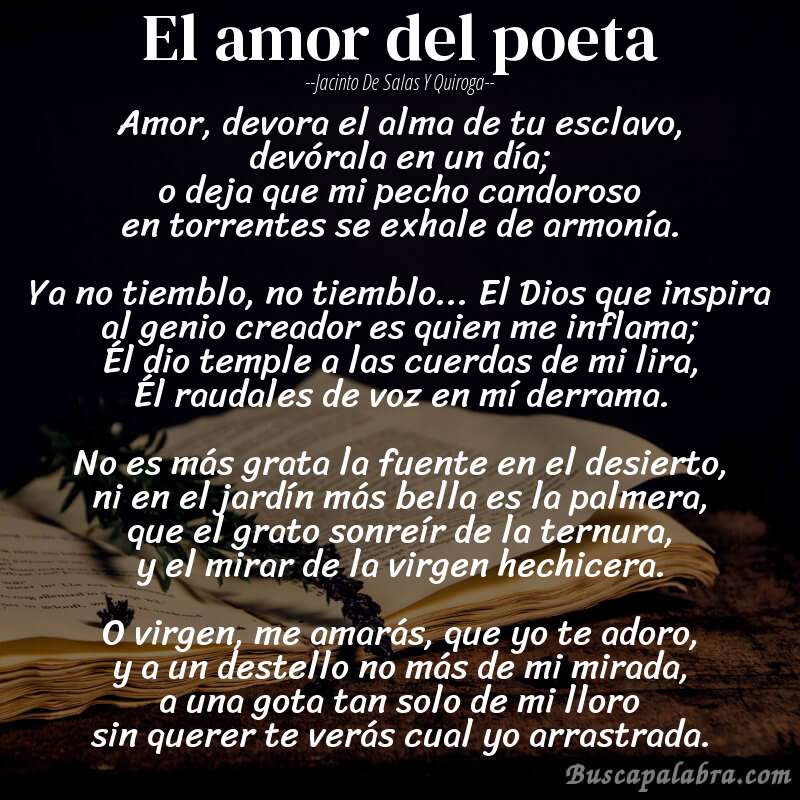 Poema El amor del poeta de Jacinto de Salas y Quiroga con fondo de libro