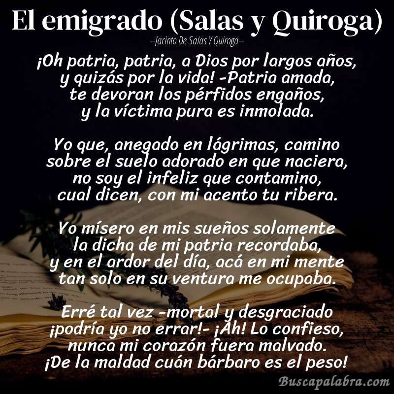 Poema El emigrado (Salas y Quiroga) de Jacinto de Salas y Quiroga con fondo de libro