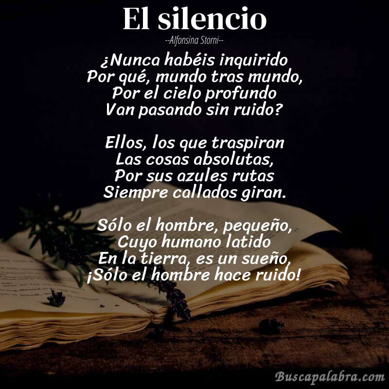 Poema El silencio de Alfonsina Storni con fondo de libro