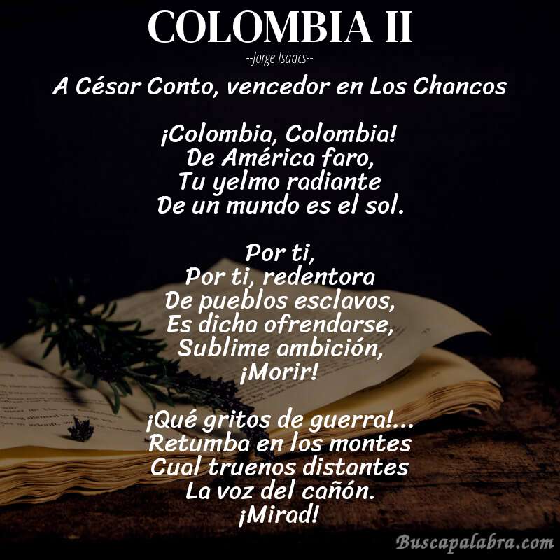Poema COLOMBIA II de Jorge Isaacs con fondo de libro