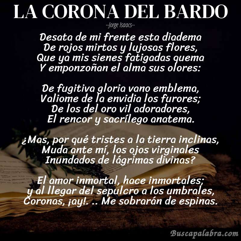 Poema LA CORONA DEL BARDO de Jorge Isaacs con fondo de libro