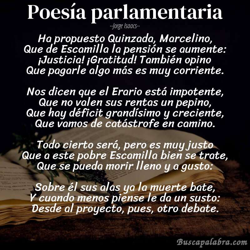 Poema Poesía parlamentaria de Jorge Isaacs con fondo de libro
