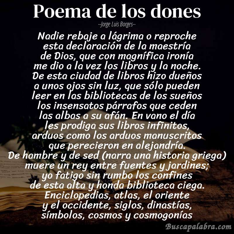 Poema poema de los dones de Jorge Luis Borges con fondo de libro