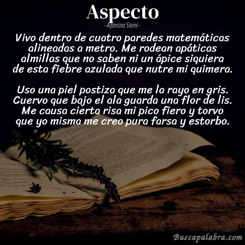 Poema Aspecto de Alfonsina Storni con fondo de libro