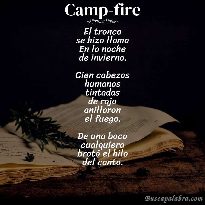 Poema Camp-fire de Alfonsina Storni con fondo de libro