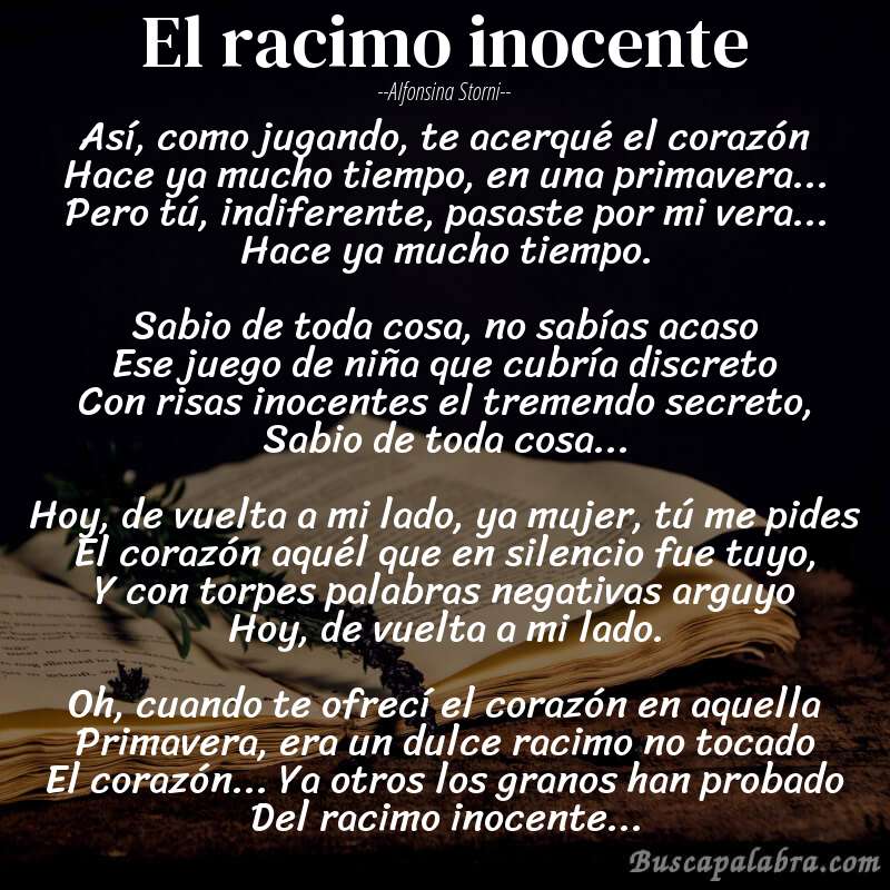 Poema El racimo inocente de Alfonsina Storni con fondo de libro
