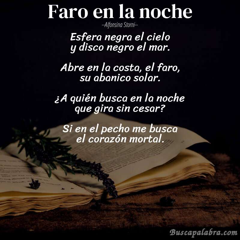 Poema Faro en la noche de Alfonsina Storni con fondo de libro