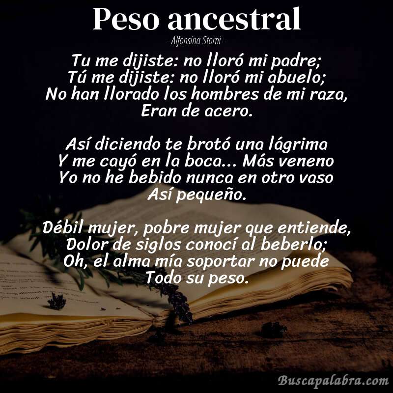 Poema Peso ancestral de Alfonsina Storni con fondo de libro