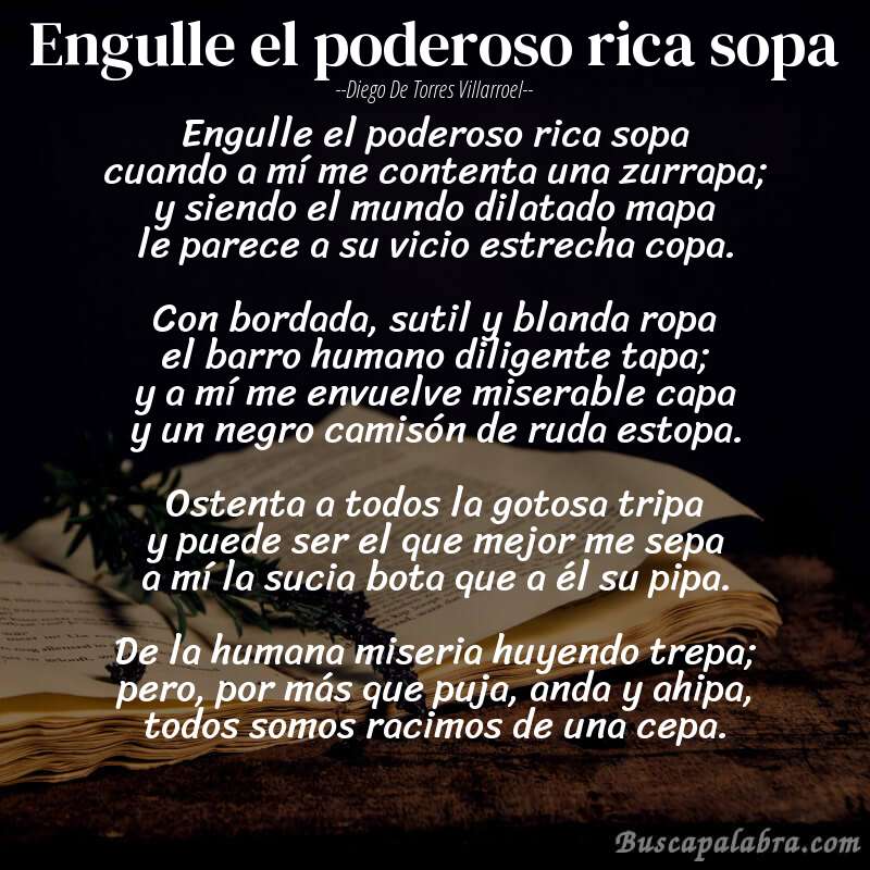 Poema Engulle el poderoso rica sopa de Diego de Torres Villarroel con fondo de libro