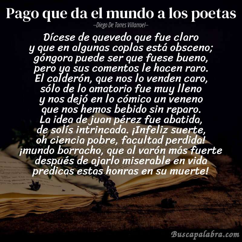 Poema pago que da el mundo a los poetas de Diego de Torres Villarroel con fondo de libro