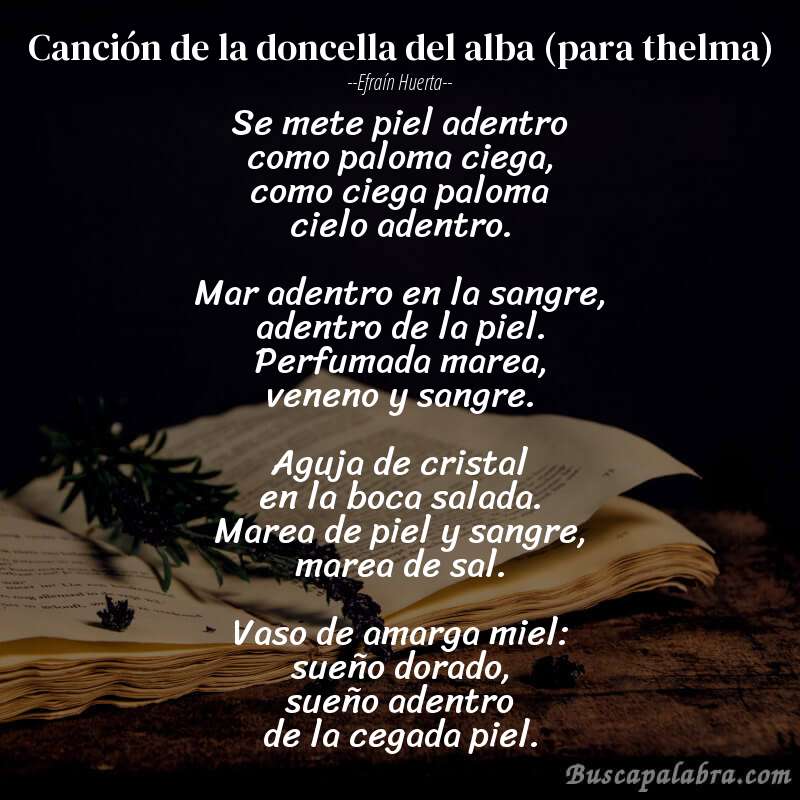 Poema canción de la doncella del alba (para thelma) de Efraín Huerta con fondo de libro
