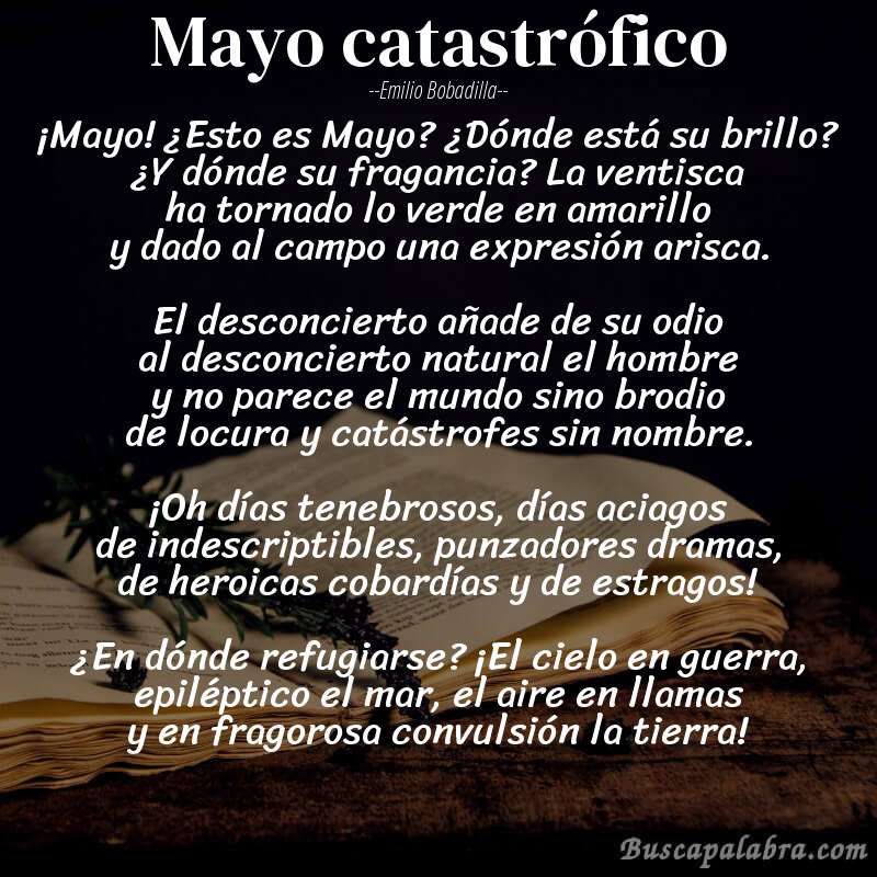 Poema Mayo catastrófico de Emilio Bobadilla con fondo de libro